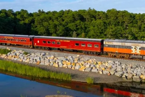 a large long train on a bridge over a body of water