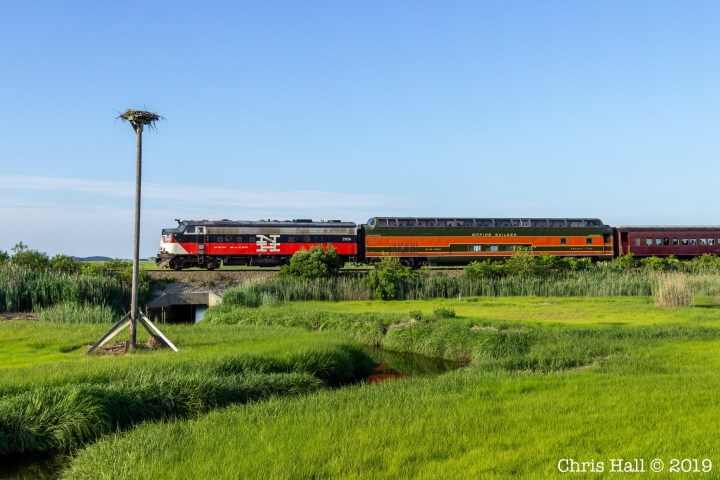 a train traveling down train tracks near a field
