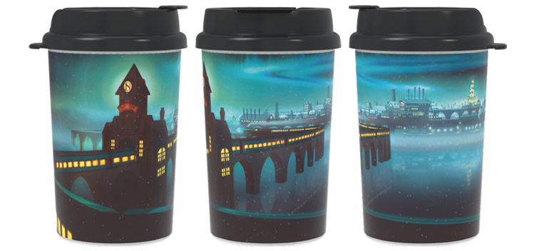 Three cups with a nighttime cityscape design and black lids.