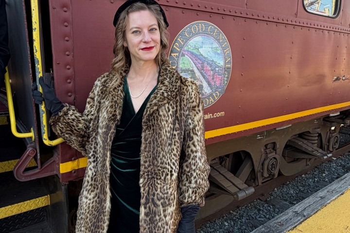 Person in leopard coat stands by a maroon train with 'Cape Cod Central Railroad' logo.