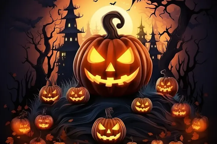 Several jack-o'-lanterns on a hill, with spooky trees and a haunted house background.