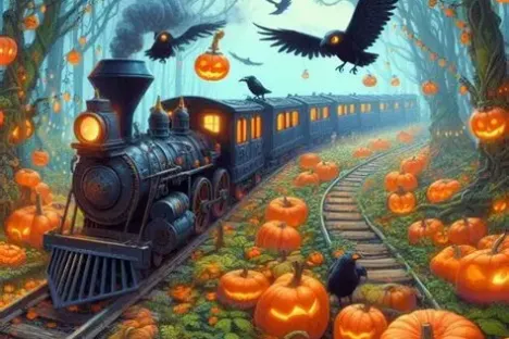 Steam train on tracks surrounded by pumpkins and flying crows in a spooky forest.