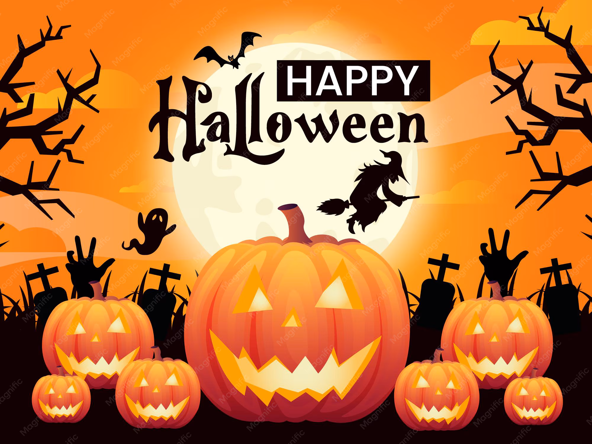 Halloween scene with pumpkins, witch, bats, and graveyard under full moon.