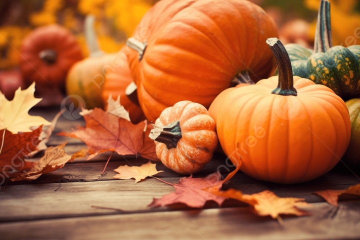 Pumpkins and autumn leaves on a wooden surface.